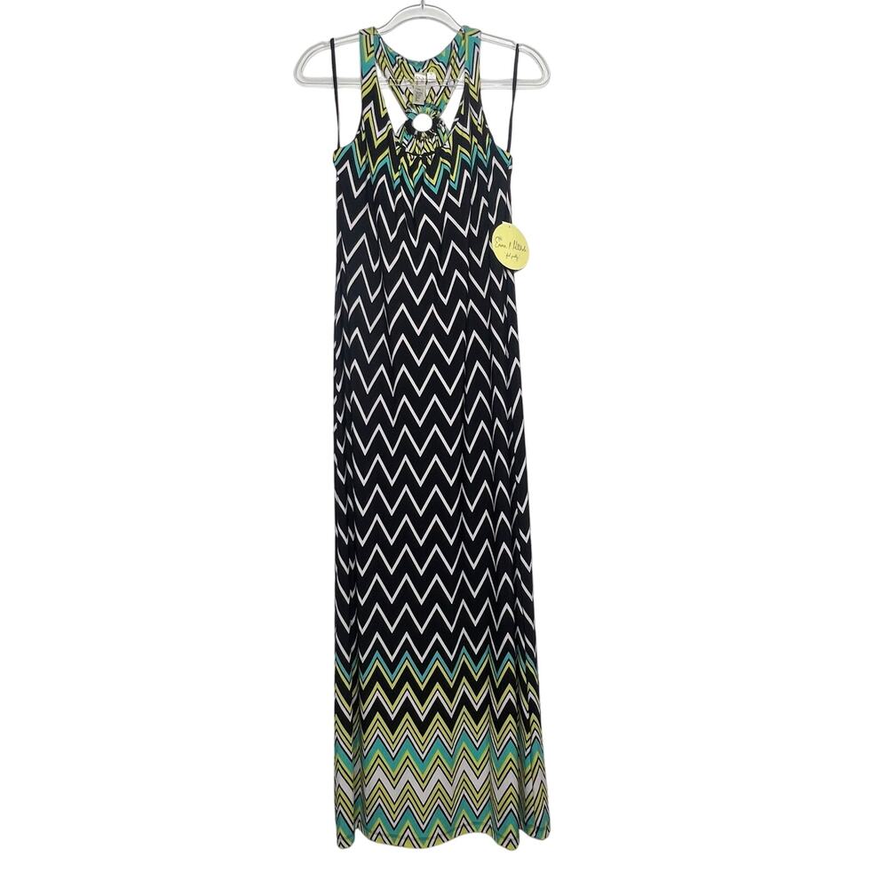 EMMA & MICHELE Maxi Dress Sleeveless Black White Chevron Print Size Medium NWT